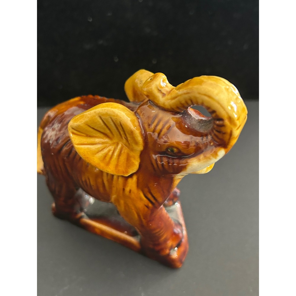 Elephant Figurine Brown Good Glazed Ceramic Trunk Up Lucky Statue Collectible